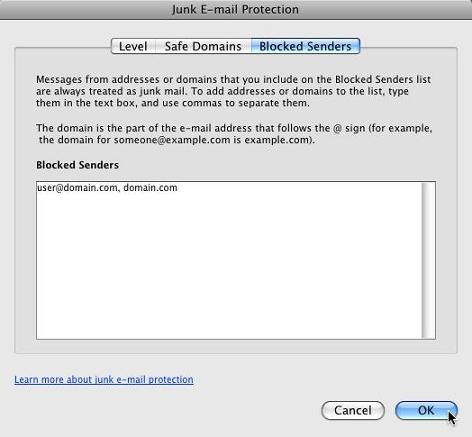 outlook for mac safe senders list